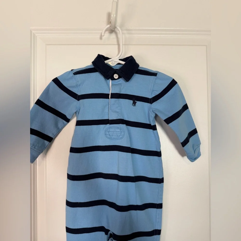 Ralph Lauren Boys Striped Rugby Cotton Coverall Blue Size 6 Months
